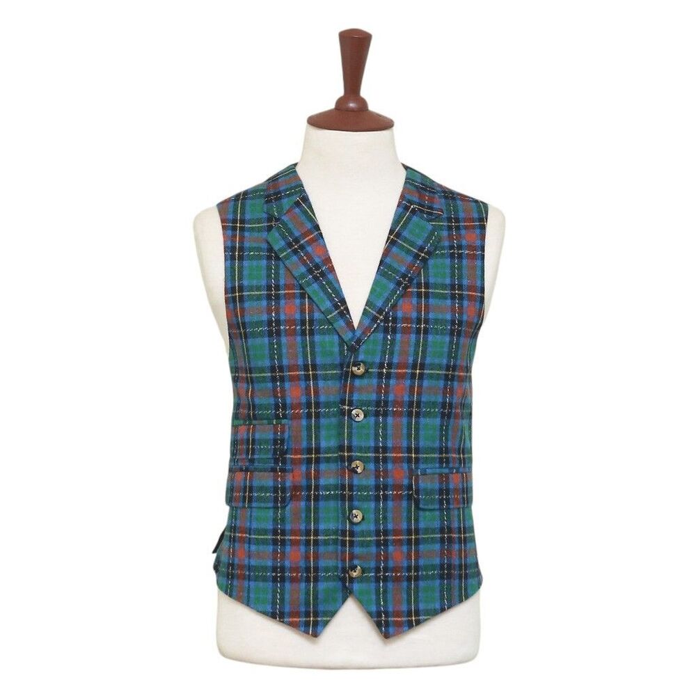 Mens Vest 44R Tartan Plaid Wool Green Blue Orange Lapel Waistcoat Formal Wedding